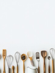 Aufkleber - Flat lay showcases various kitchen utensils like spatulas and whisks on a white background, offering clear space for creativity and text. Generative AI