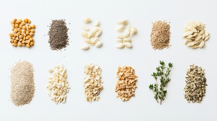 Fototapete - Array of organic seeds, nuts, and herbs laid out on a white surface, displaying a variety of textures and colors with space for additional text. Generative AI