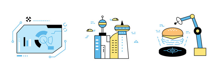 Poster - Digital device UI, UX screens and future cities, food transmission machine. outline simple vector illustration.