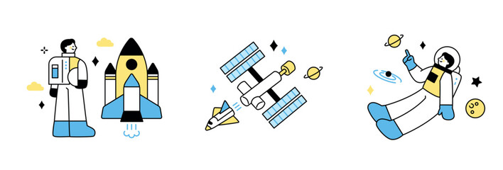 Poster - A spaceship flying through space, an astronaut swimming and traveling through space. outline simple vector illustration.