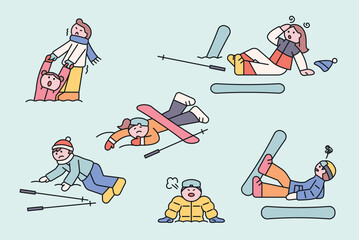 Poster - Beginner skiers and snowboarders fall or get buried in the snow. Cuttiny character with outline.