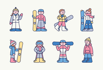 Poster - cute characters stand wearing ski suits and holding snowboards. cuttiny character with outline.