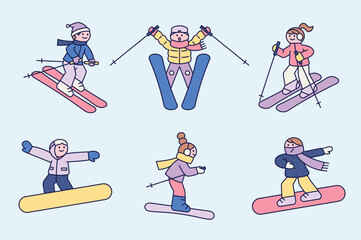 Wall Mural - Skiers with advanced skills are skiing and snowboarding with style. Cuttiny character with outline.
