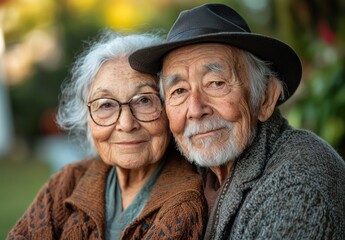 Wall Mural - happy elderly couple in nature together enjoying outdoor leisure smiling love embrace park bonding