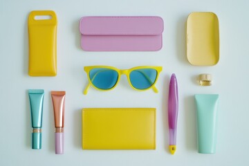 Poster - Colorful summer accessories such as vibrant sunglasses and sunscreen are neatly displayed on a white surface, leaving ample space for text. Generative AI