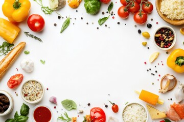 Poster - A vibrant assortment of Italian, Japanese, and Mexican dishes is beautifully arranged on a white surface, providing plenty of space for text. Generative AI