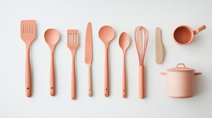 Aufkleber - Bright kitchen utensils including spatulas, whisks, and pots spread out in an organized flat lay on a white surface, inviting creative cooking. Generative AI