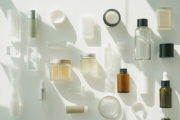 Poster - Various skin care containers featuring jars, tubes, and oils are elegantly displayed on a white background, providing space for text and branding. Generative AI