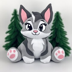 Wall Mural - Cute grey plush toy kitten sitting between two small artificial pine trees.