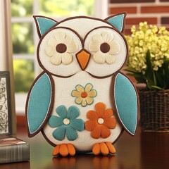 Cute owl-shaped stuffed toy with floral accents.