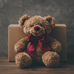 Cute teddy bear with red bow sitting on a gift box.