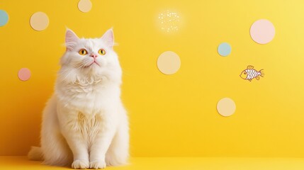 Aufkleber - A fluffy white cat sits calmly with its gaze directed upwards, as playful fish and pastel circles dance around in a vibrant yellow environment. Generative AI