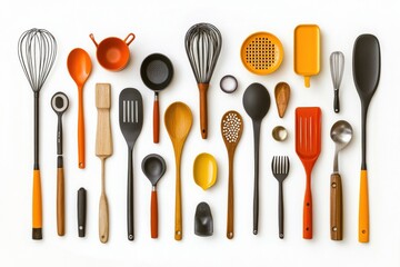 Aufkleber - Colorful kitchen tools such as spatulas, whisks, and spoons are organized neatly on a white background, creating a vibrant cooking layout. Generative AI