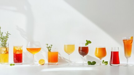 Poster - Various glasses filled with juice, tea, and soda are artistically arranged on a white background, providing a refreshing display. Generative AI