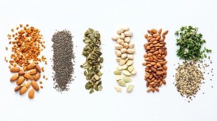 Fototapete - Diverse organic ingredients such as seeds, nuts, and herbs are beautifully presented on a white backdrop, leaving space for additional text. Generative AI