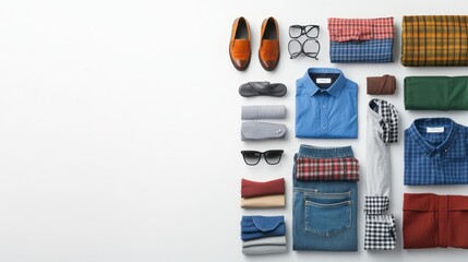 Poster - Explore a collection of clothing items, including shirts, pants, and accessories arranged neatly on a clean background, perfect for styling ideas. Generative AI