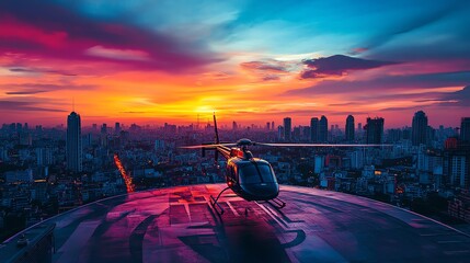 Wall Mural - A helicopter sits on a helipad on a rooftop overlooking a city at sunset.