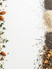 Fototapete - Various organic seeds, nuts, and herbs are meticulously arranged on a white background, providing clear space for additional text or branding. Generative AI