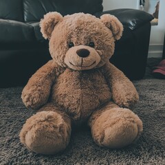 Wall Mural - Large brown teddy bear sitting on a carpet in a living room.