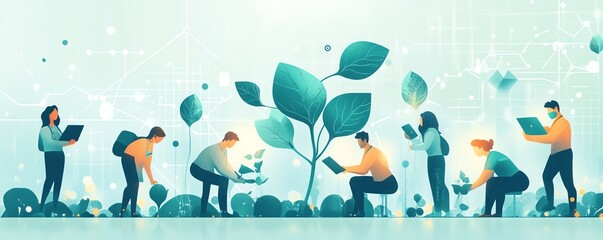 Aufkleber - Data scientists of various ethnicities planting seeds in a hightech environment, illustrating the growth of innovative data science ideas, futuristic and optimistic tone