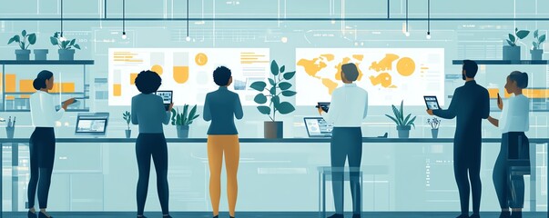 Aufkleber - Data scientists of various ethnicities planting seeds in a hightech environment, illustrating the growth of innovative data science ideas, futuristic and optimistic tone
