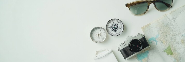 Poster - Travel essentials like a map, compass, camera, and sunglasses on a white background—perfect for your next adventure!. Generative AI