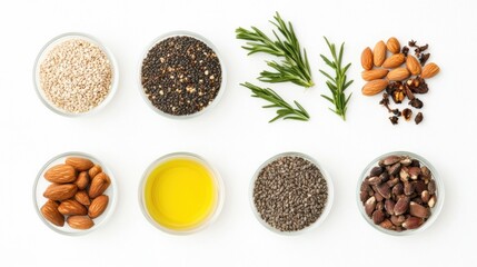 Fototapete - Collection of organic seeds, nuts, and herbs displayed on a white surface, creating a clean layout with space for additional content. Generative AI