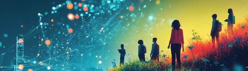 Poster - A diverse team of data scientists sowing seeds in a virtual landscape, symbolizing the planting of new technologies and datadriven innovations, vibrant and detailed