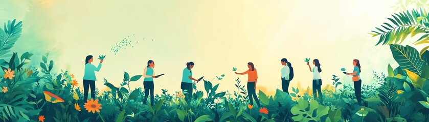 Poster - A diverse team of data scientists sowing seeds in a virtual landscape, symbolizing the planting of new technologies and datadriven innovations, vibrant and detailed