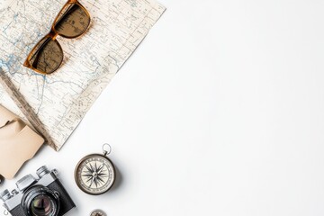 Poster - Discover travel essentials laid out including a map, compass, small camera, and sunglasses, perfect for your next adventure. Generative AI