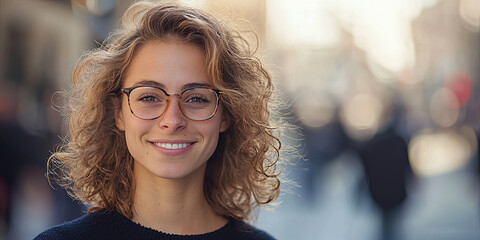 Wall Mural - Portrait of a beautiful young woman with glasses, smiling and looking at the camera on the street, generative AI