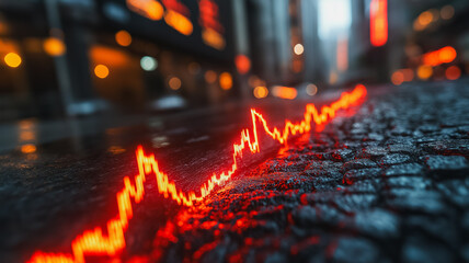Poster - A red line is drawn on a wet street, with the red line representing a stock market graph. Concept of financial uncertainty and volatility, as the red line seems to be fluctuating and unpredictable