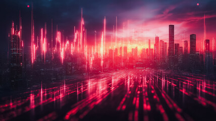 Poster - A cityscape with a red sky and buildings lit up in neon colors