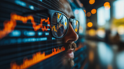 Poster - A man wearing glasses is looking at a screen with a lot of numbers and graphs. The man is focused and attentive, possibly analyzing the data on the screen. Concept of concentration and seriousness