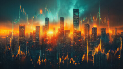 Wall Mural - A city skyline with a bright orange sunset in the background. The city is lit up with lights, creating a warm and inviting atmosphere