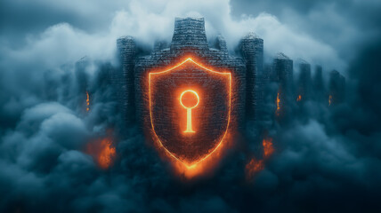 Poster - A glowing key is placed on a shield that is surrounded by a cityscape. The shield is covered in smoke, giving it a mysterious and ominous appearance. The key is positioned in the center of the shield