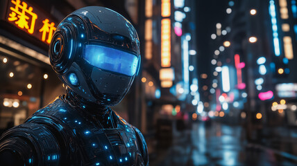 Poster - A robot with blue eyes stands in front of a neon sign. The robot is wearing a helmet and has a futuristic appearance. The neon sign is in Chinese and is lit up, creating a futuristic