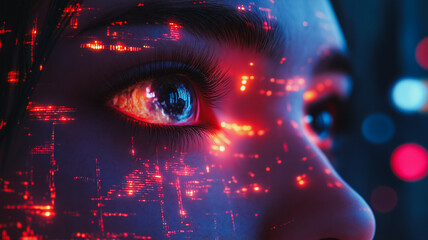 Poster - A woman's face is shown in a computer generated image with a blue eye and red glowing lines surrounding it. The image gives off a futuristic and technological vibe