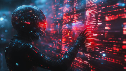 Poster - A woman in a suit is touching a computer screen with her hand