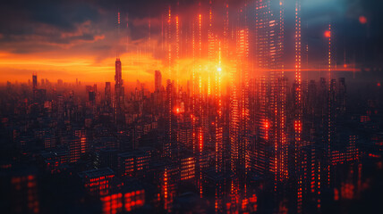Aufkleber - A cityscape with a bright orange sun in the sky. The city is lit up with neon lights and the sun is shining brightly. Scene is energetic and vibrant