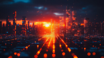 Wall Mural - A cityscape with a bright orange sun in the sky. The buildings are lit up with neon lights, creating a vibrant and energetic atmosphere. The city appears to be bustling with activity