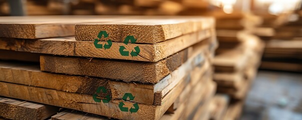 Wall Mural - Pile of wooden planks with green recycle symbols on each, illustrating the adoption of sustainable materials and ecoconscious practices in construction and design