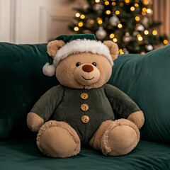 Wall Mural - Plush teddy bear in green outfit and Santa hat sits on a couch in front of a Christmas tree.