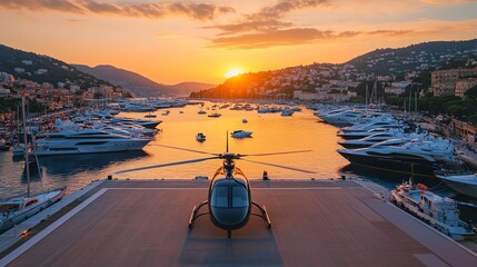 Wall Mural - A helicopter sits on a helipad on a yacht at sunset.