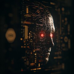 Poster - Robotic head with glowing red eyes, circuit board texture.