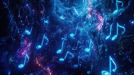 Poster - A cascade of luminous music notes and clefs glowing in neon blue against a textured dark background, with abstract soundwave patterns weaving through the scene