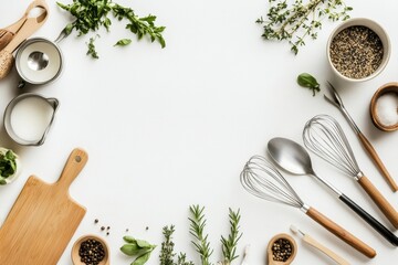 Aufkleber - Colorful kitchen utensils like spatulas, whisks, and pots are neatly arranged on a white surface, creating a clean and inviting cooking atmosphere. Generative AI