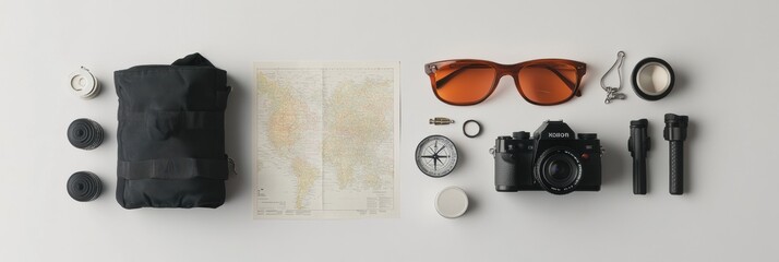 Poster - Gather essential travel items like a map, compass, camera, and sunglasses on a white background, ready for your next adventure. Generative AI