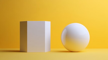 Wall Mural - a white sphere and a hexagonal prism on a yellow background.