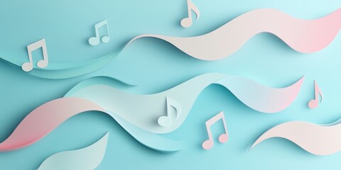 Poster - Delicate paper-cut music notes in pastel colors scattered across a light blue abstract backdrop, with layered curves and soft gradients adding depth